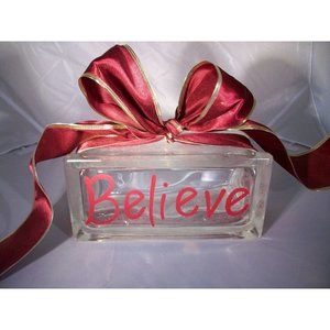 Homemade Believe Christmas Glass Block Gift Bow Holiday Decoration Brick